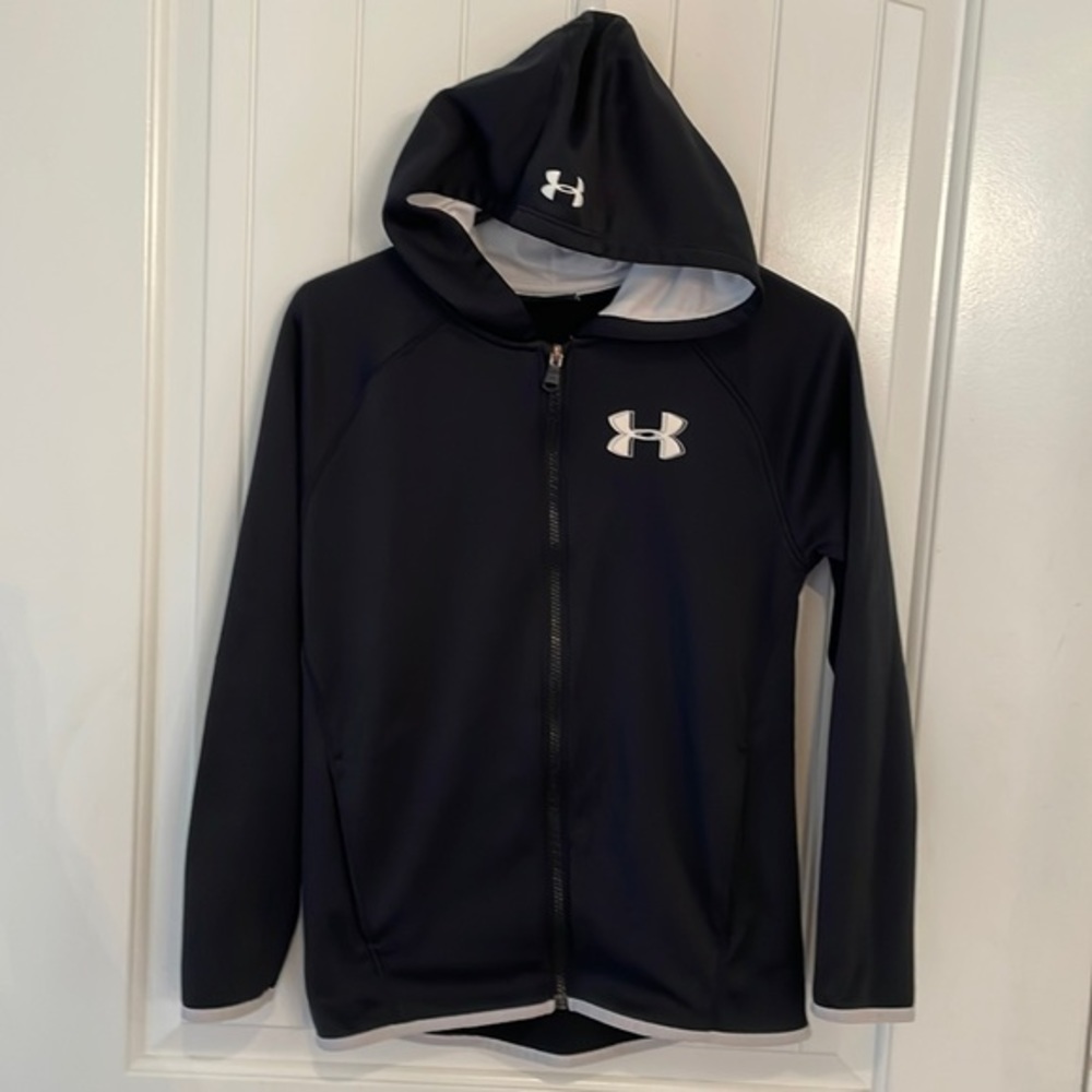 Under Armour full zip simple black hooded hoodie athletic lightweight jacket